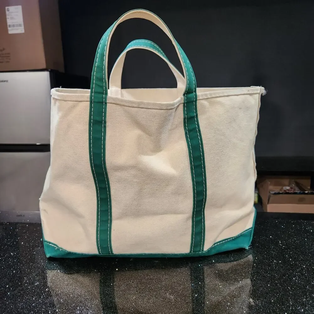 VTG 80s LL Bean Boat &‎ Tote Sawtooth Canvas Bag Ivory Green Trim NWT L Large - Picture 6 of 14